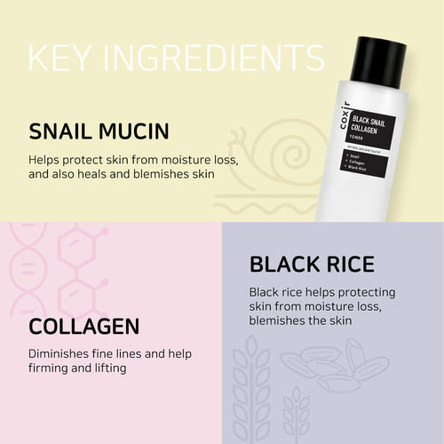COXIR Black Snail Collagen Toner 150ml Tonique Hydratant Anti-Âge Bave Escargot Collagène Régénérant K-Beauty