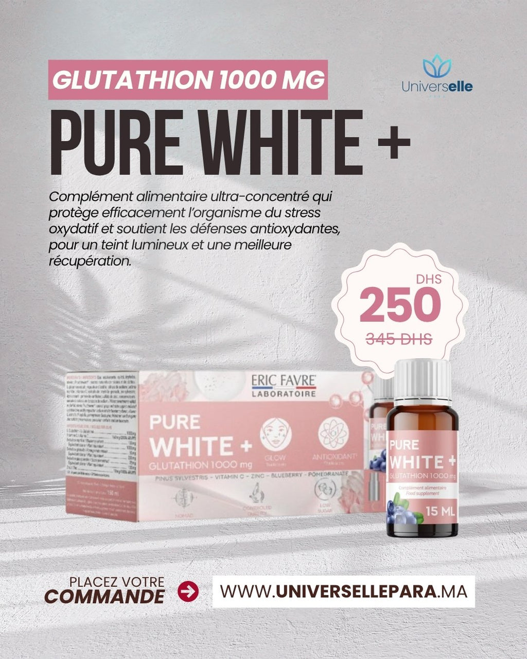 Eric Favre Pure White+ – Glutathion 1000 mg – Éclat &amp; Détox (10 Monodoses)