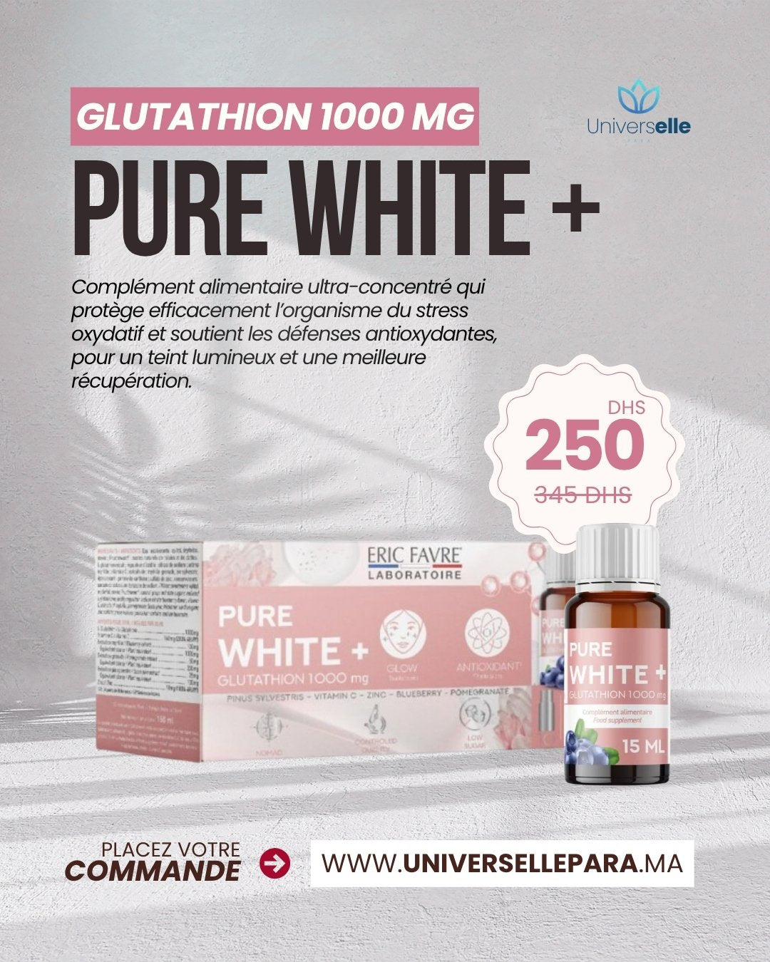 Eric Favre Pure White+ – Glutathion 1000 mg – Éclat &amp; Détox (10 Monodoses)