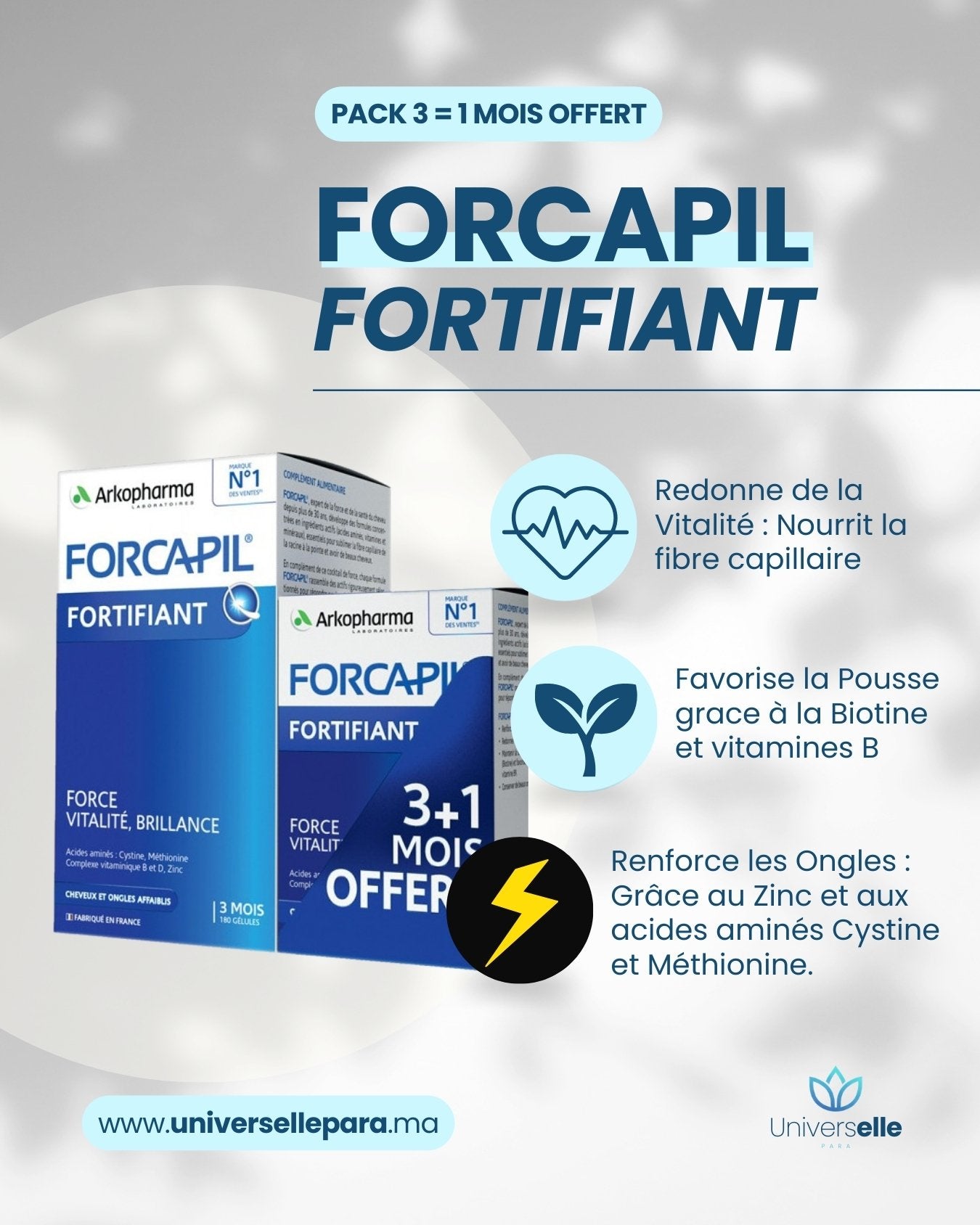 Pack Promo FORCAPIL Fortifiant Cheveux &amp; Ongles : Cure 4 Mois (3 Achetés = 1 Offert) - Arkopharma