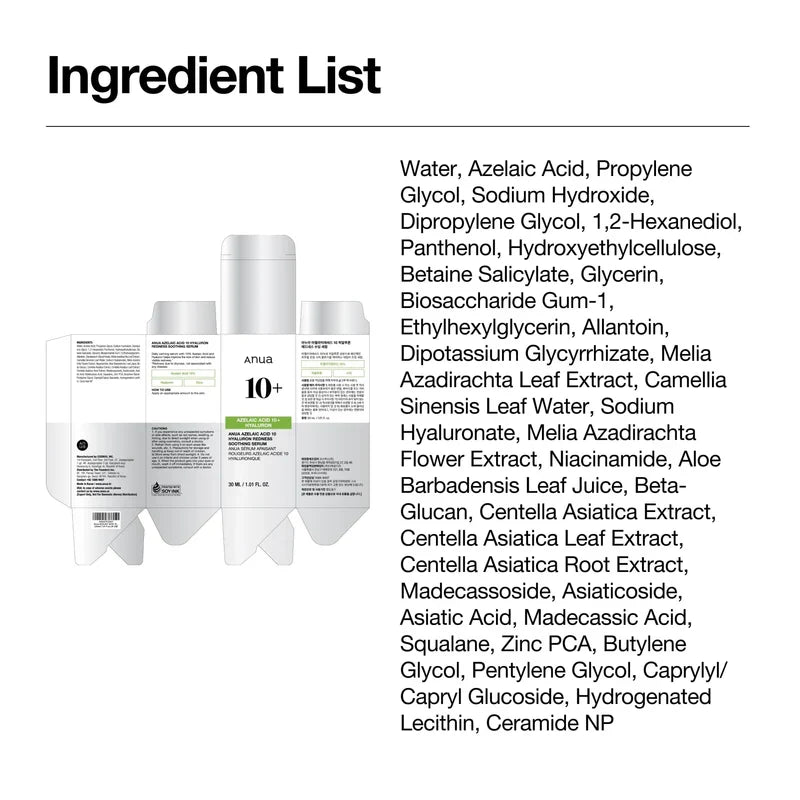 ANUA Azelaic Acid 10% Serum Hyaluronique 30ml Anti-Imperfections Éclat Taches Pigmentaires