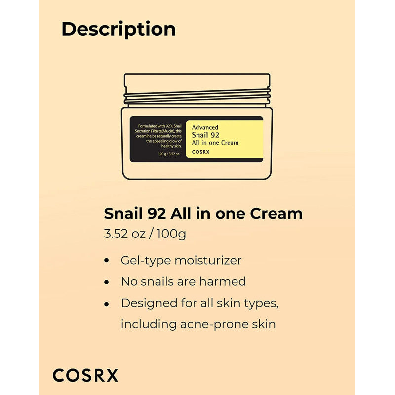 COSRX Advanced Snail 92 All In One Cream 100g Crème Visage Hydratation Réparation Anti-Âge
