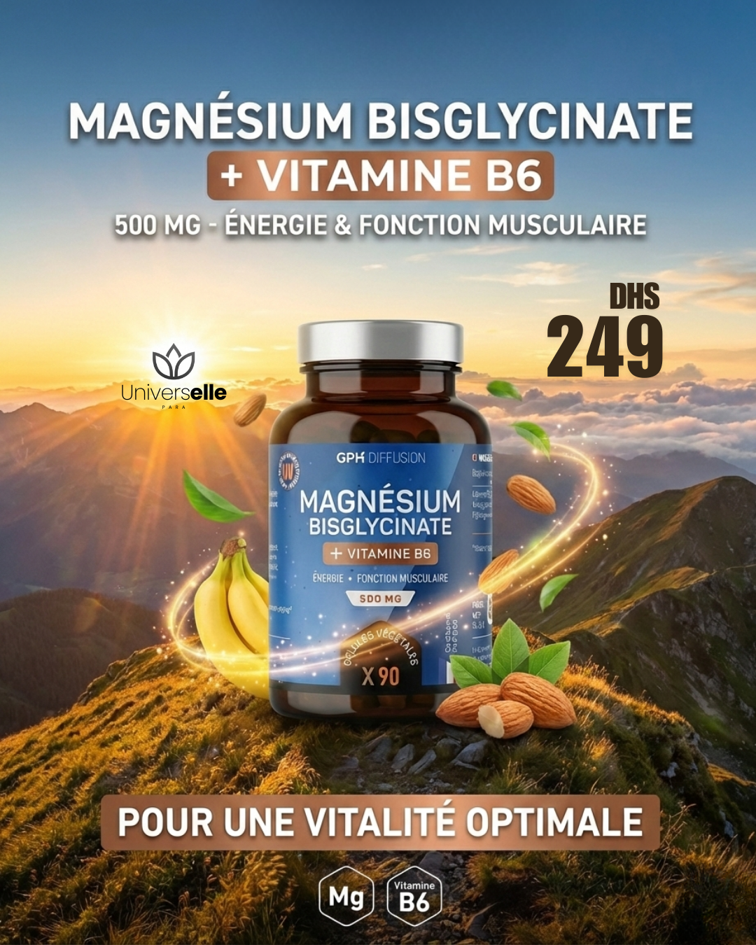 Magnésium Bisglycinate + Vitamine B6 – 500 mg – Énergie &amp; Fonction Musculaire (90 Gélules)